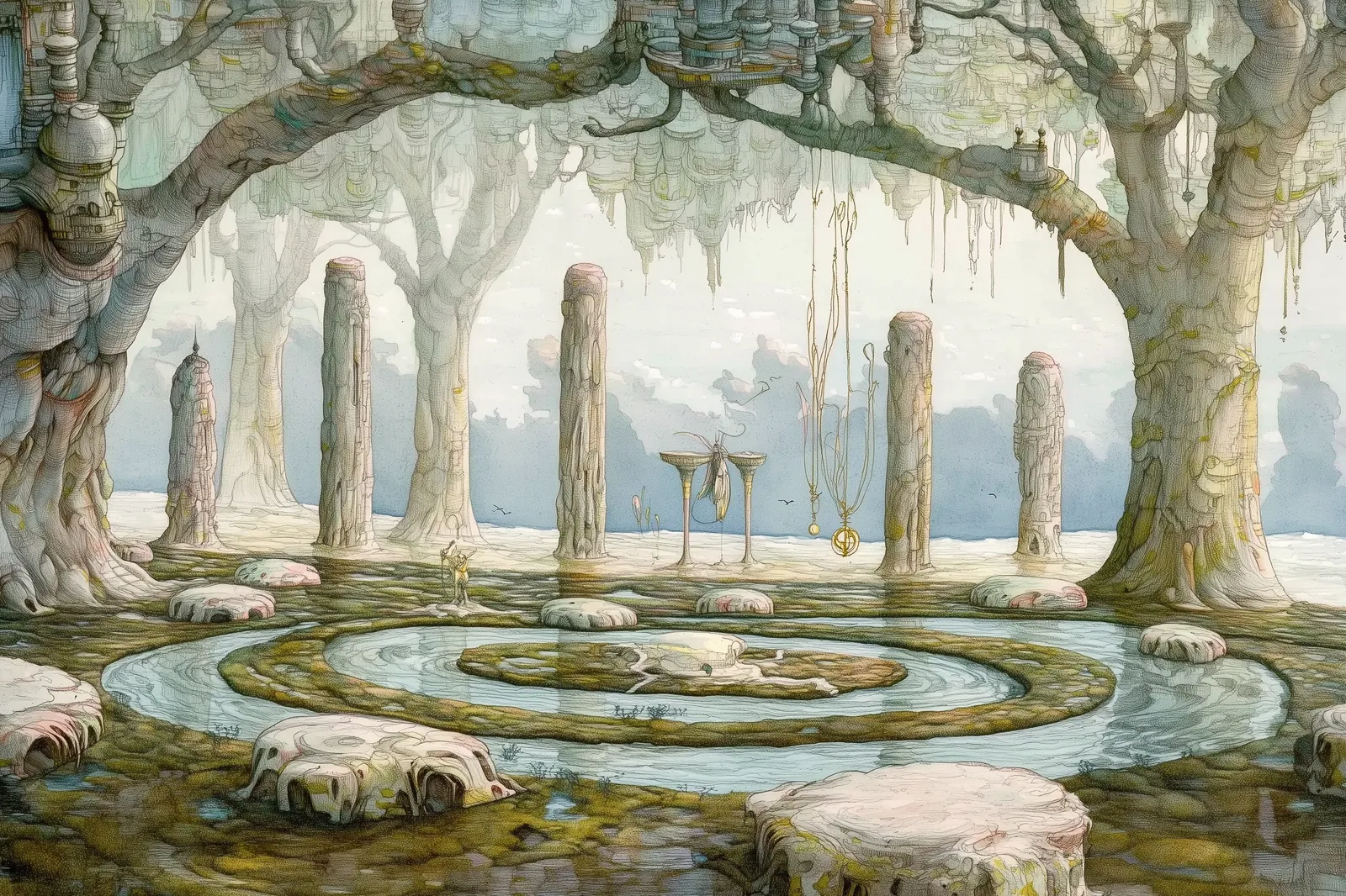 Ancient stone arches in a misty glade