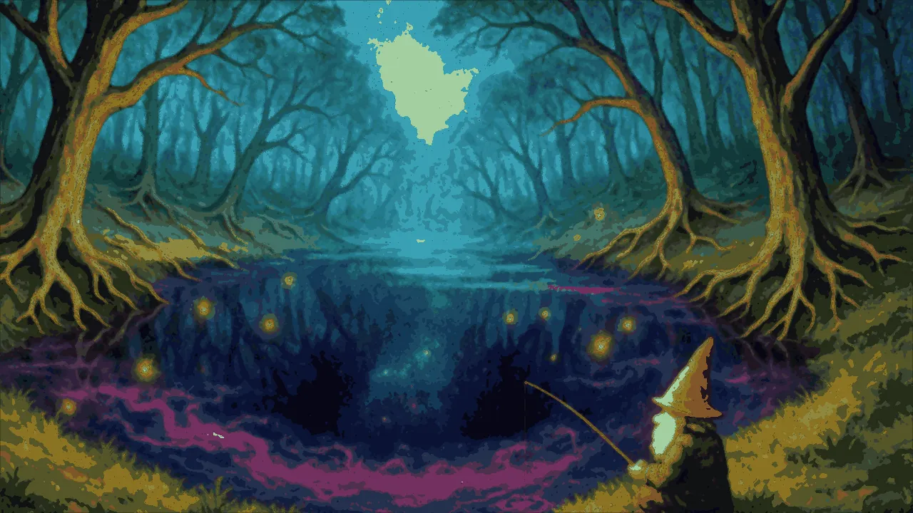 An eerie pond glowing with cosmic light