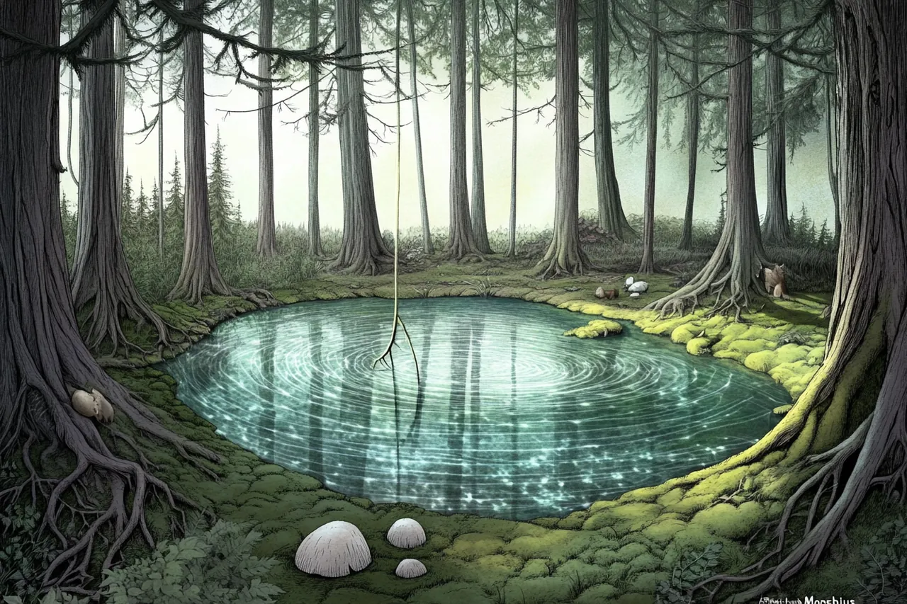 A secluded moss-ringed pond hidden in the forest