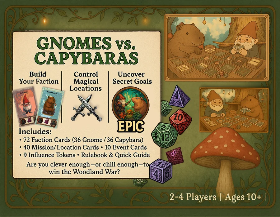 Back of the Woodland War box — build your faction, control magical locations, uncover secret goals