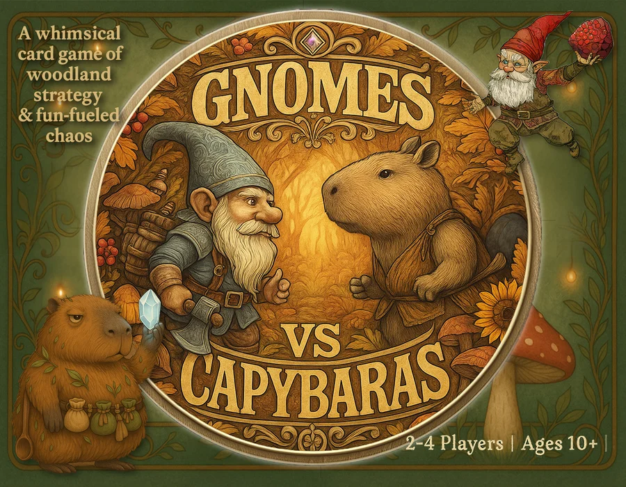 The Gnomes vs Capybaras: Woodland War game box — front cover with a gnome and capybara facing off