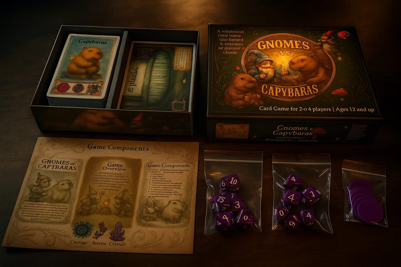 The Gnomes vs Capybaras game box displayed with cards and custom dice on a candlelit table
