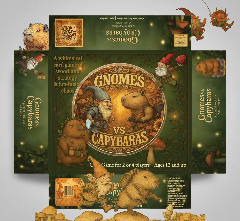 The Gnomes vs Capybaras box packaging laid flat, before folding — printed inside and out