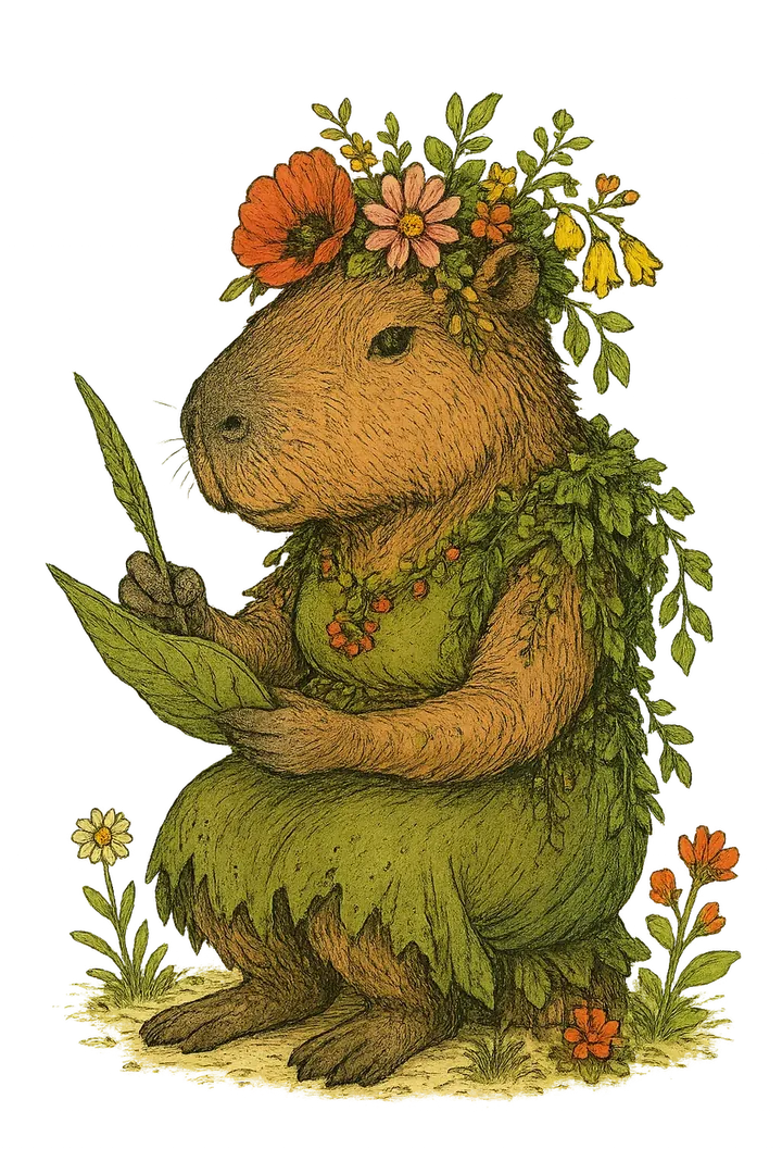 A serene capybara diplomat wearing a flower crown