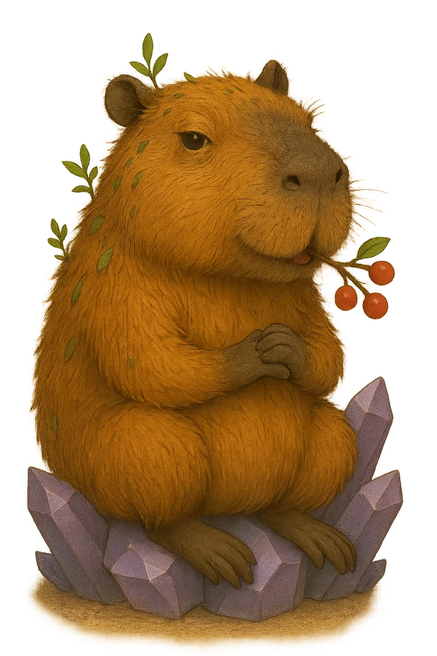 Raphaël Peppermint, a capybara meditating serenely on a crystal