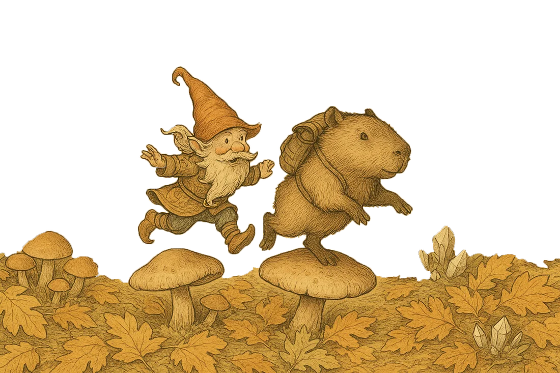 A gnome and a capybara dashing across autumn mushrooms, off on an adventure