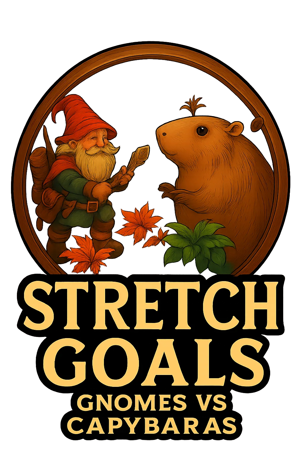 Gnomes and capybaras gathered together, holding little signs