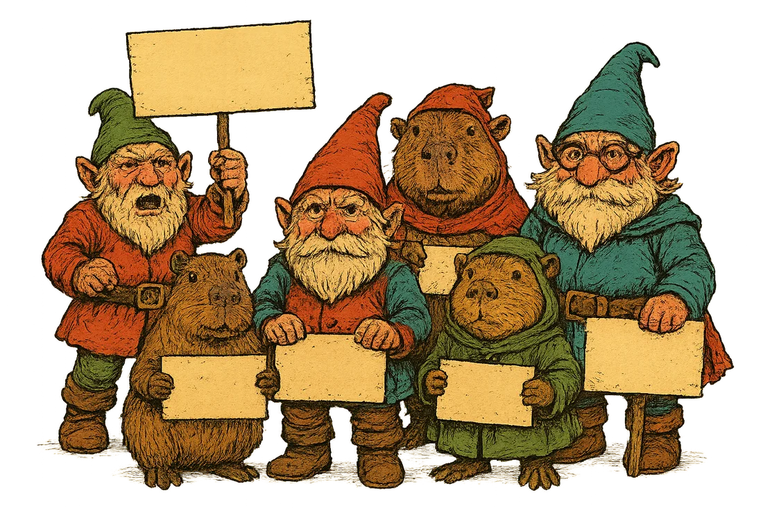Gnomes and capybaras standing together, holding little wooden signs